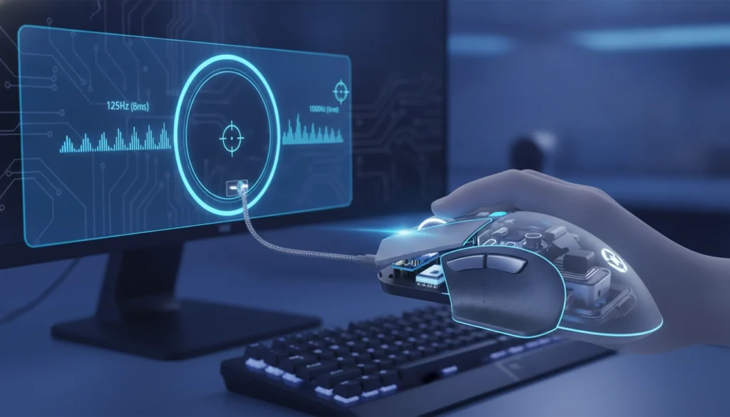 Gros plan sur une souris gaming performante illustrant le taux d'interrogation