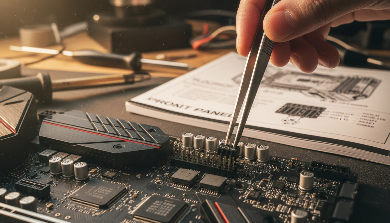 Branchement des connecteurs du front panel sur les broches de la carte mère, guide pour débutants