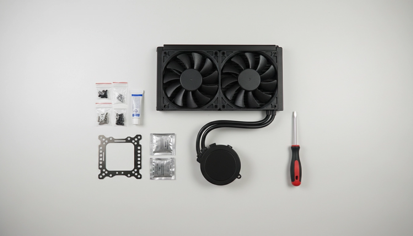 Matériel complet pour l'installation optimale refroidissement liquide AIO performances — radiateur, pompe, visserie et pâte thermique