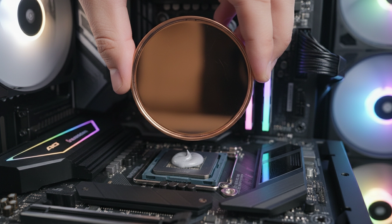 Pose du waterblock AIO sur le processeur — étape clé pour une installation optimale du refroidissement liquide et de ses performances