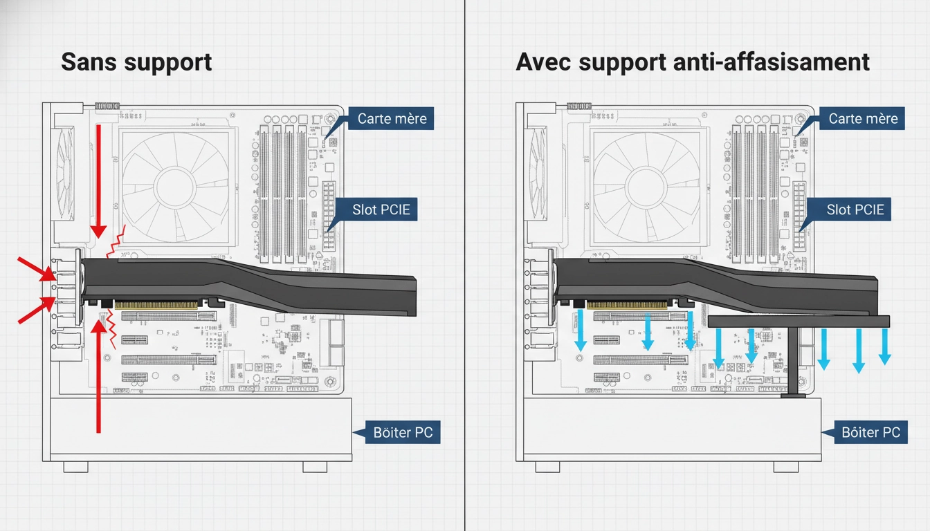Diagramme technique montrant comment installer une carte graphique lourde et la différence entre une installation sans support anti-affaissement et une avec support anti-affaissement efficace