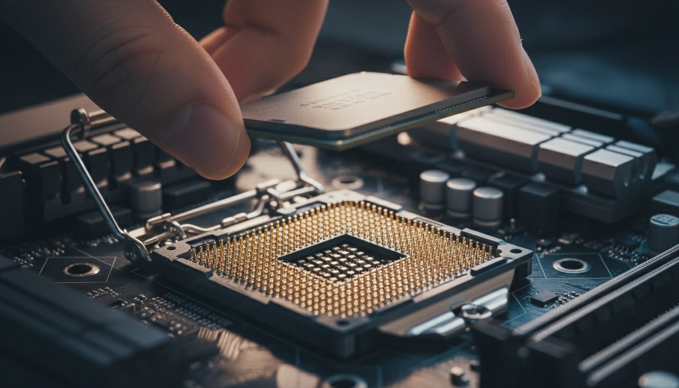 Vue détaillée d'un socket de carte mère prêt à recevoir un processeur de dernière génération.