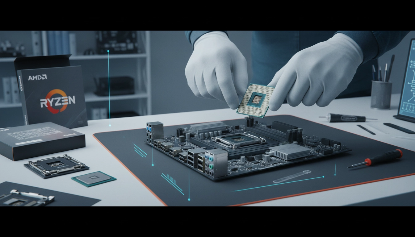 Vue de dessus d'un processeur correctement inséré dans le socket d'une carte mère haut de gamme.