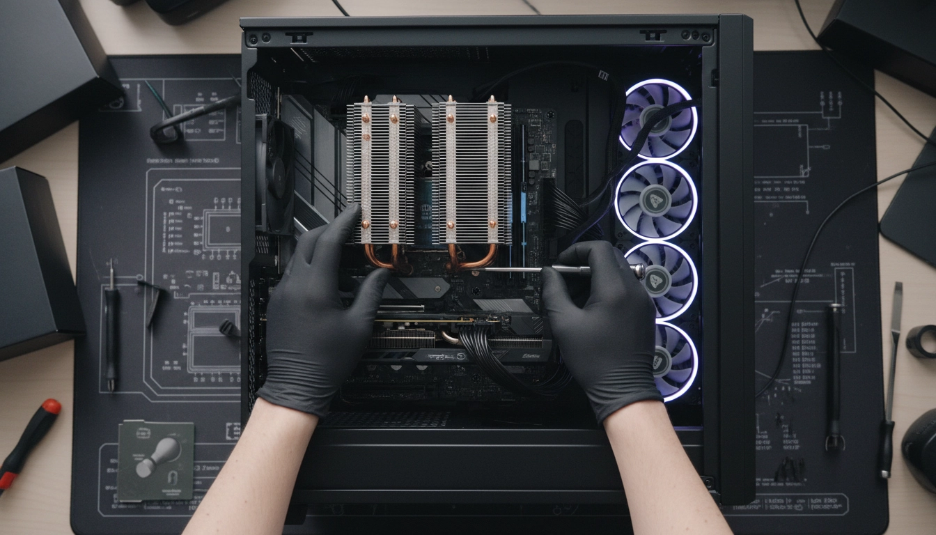 Positionnement et vissage du radiateur en aluminium sur le processeur de la carte mère.