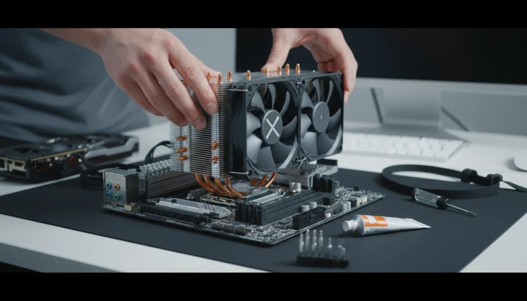 Installation d'un ventirad CPU refroidissement air PC sur une carte mère gaming.