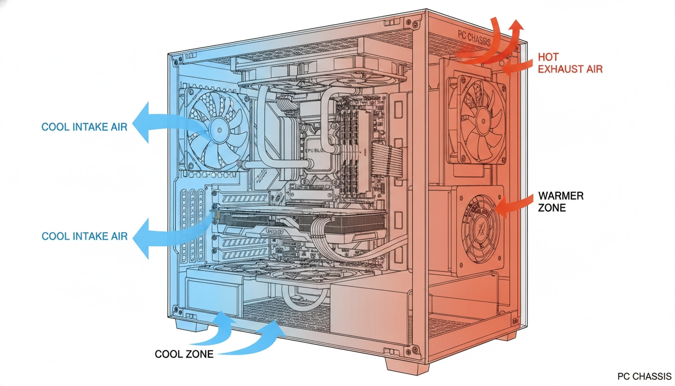 Illustration détaillée montrant l'intégration AIO flux d'air boîtier PC avec les flux d'air entrants et sortants correctement positionnés.