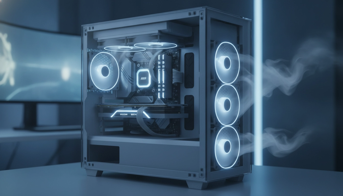 Schéma d'intégration AIO flux d'air boîtier PC montrant les entrées et sorties d'air.