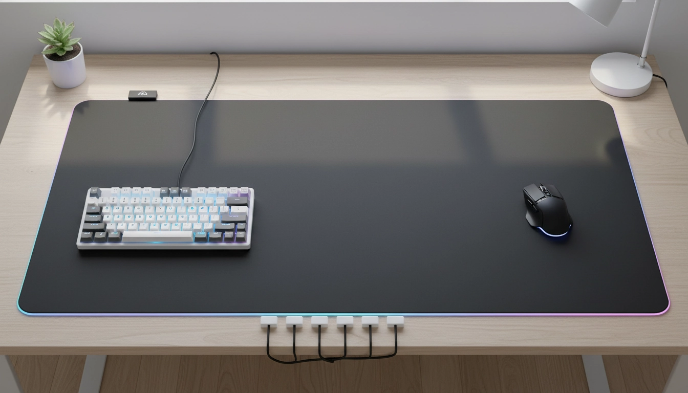 Intégration setup tapis de souris XXL sur bureau gaming avec gestion de câbles impeccable