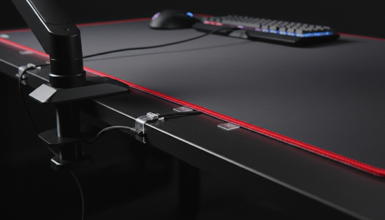 Tapis de souris XXL intégré sous bras de moniteur avec bords cousus et câbles discrets