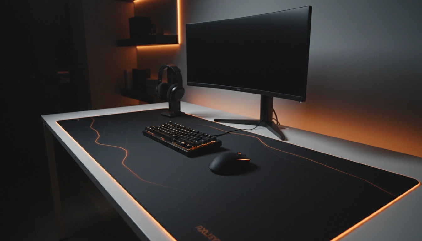 Setup gaming minimaliste avec grand tapis de souris XXL et synchronisation RGB complète