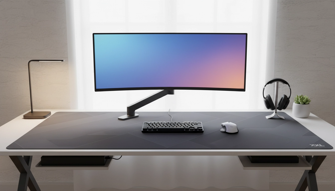 Setup gaming organisé avec tapis de souris XXL intégré parfaitement sur bureau