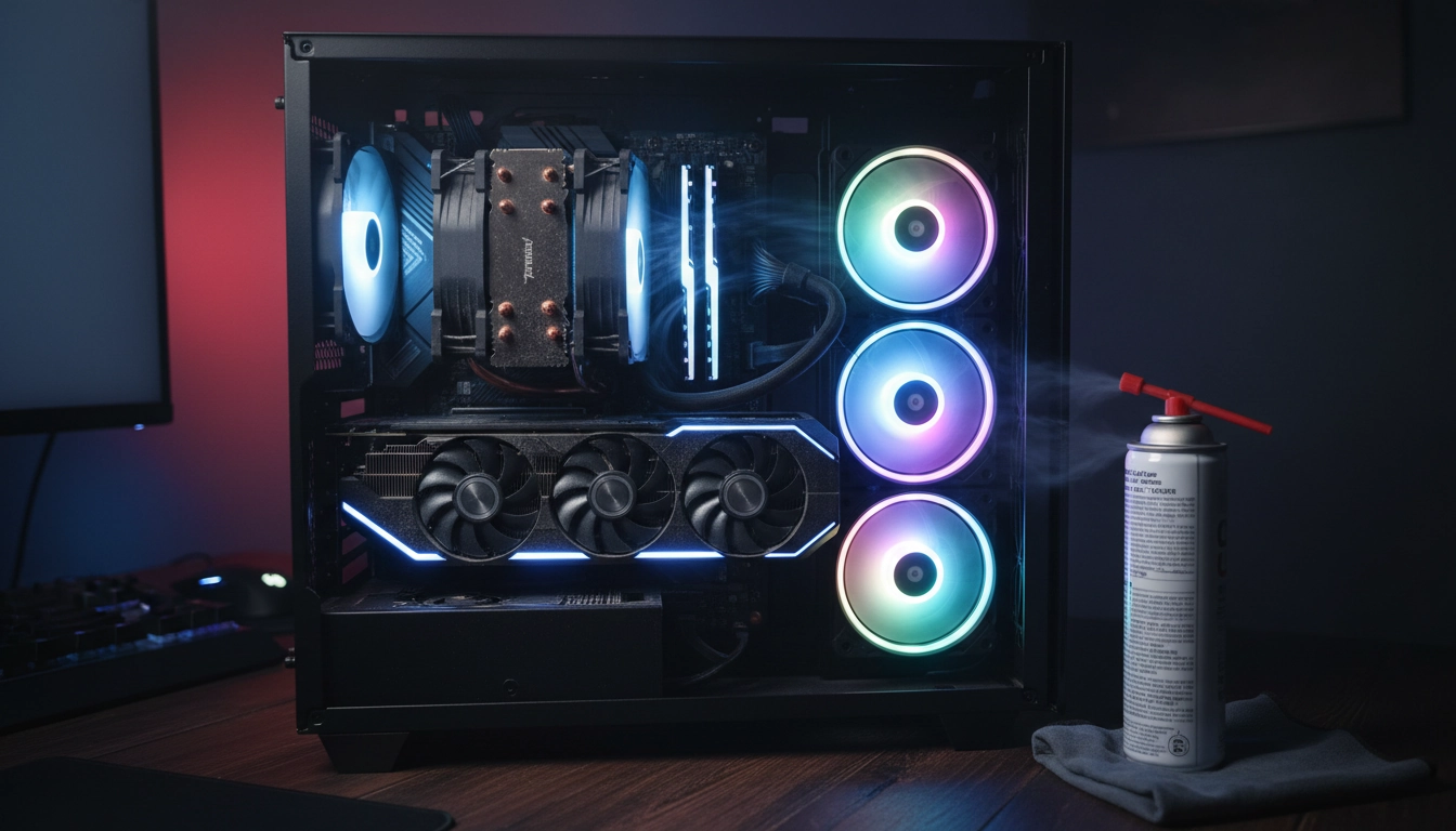 Intérieur d'un PC gaming ouvert montrant les solutions de refroidissement CPU et GPU pour optimiser les températures