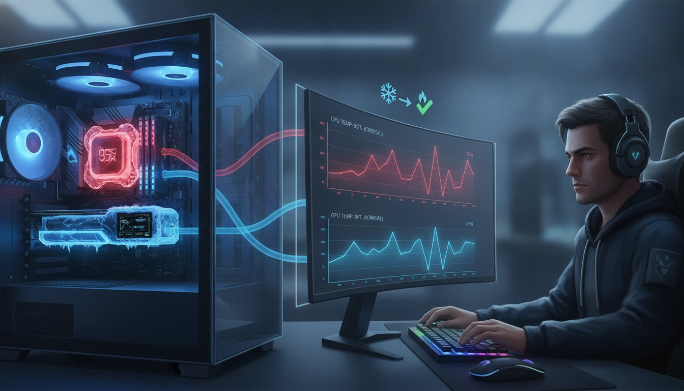 Un joueur sur PC analyse ses écrans de monitoring thermique.