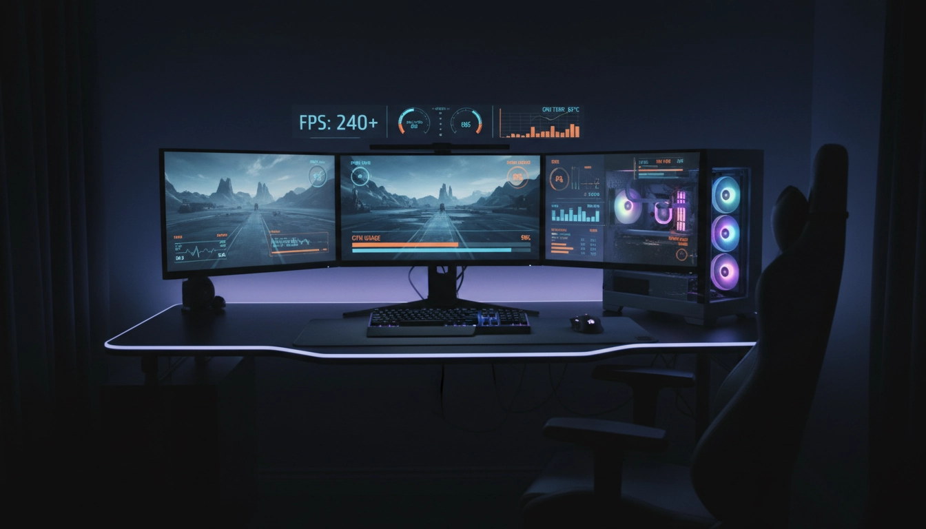 Logiciels optimisation jeux avancés pour pro gamers affichant des données de monitoring en temps réel sur un setup gaming
