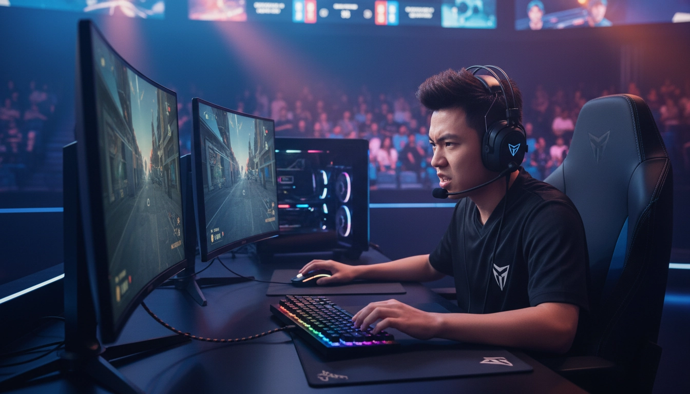 Pro gamer en compétition utilisant une stack de logiciels d'optimisation avancée pour maximiser ses performances