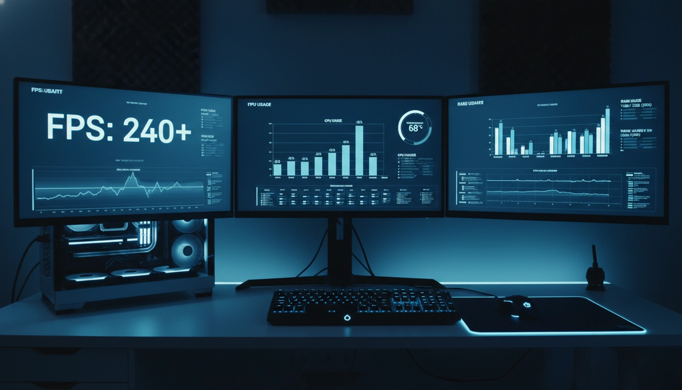 Interface de logiciels optimisation jeux avec monitoring CPU, GPU et RAM en temps réel sur un PC gaming