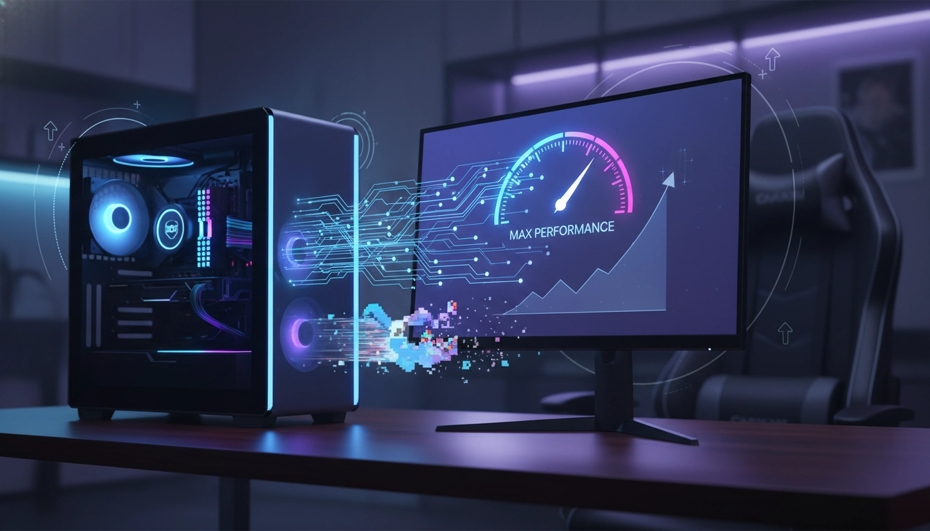 Interface sombre et détaillée d'un logiciel d'optimisation de jeux affichant des graphiques de performances PC.