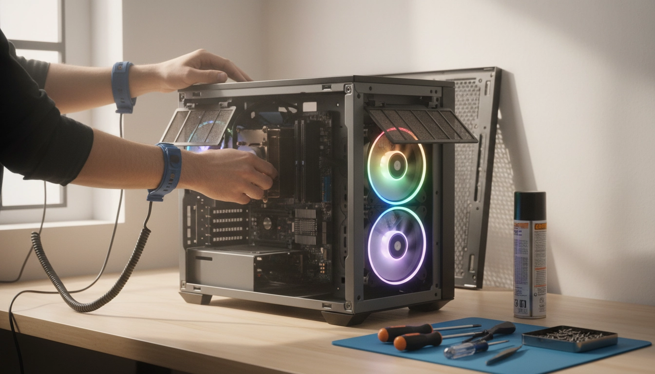 Maintenance et dépannage sur PC de bureau ouvert avec outils antistatiques