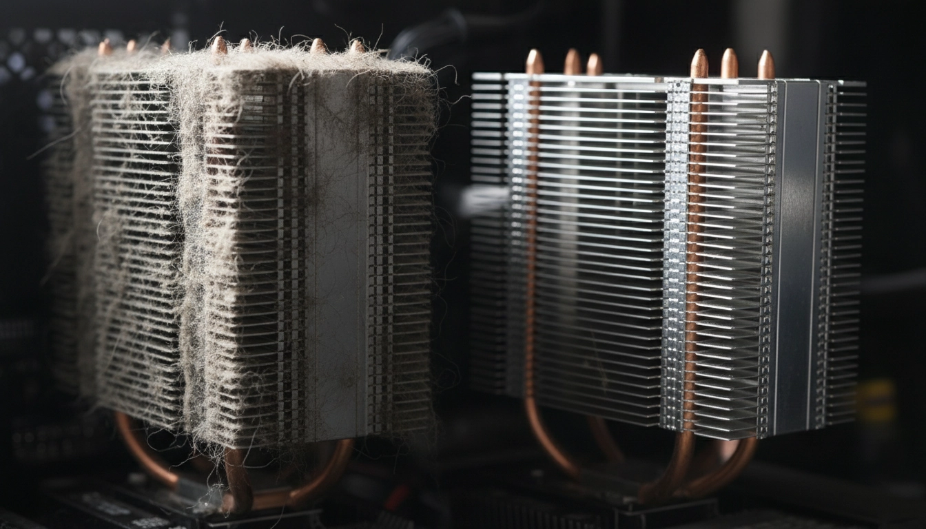 Comparaison entre un dissipateur CPU encrassé et un dissipateur propre après nettoyage physique PC gaming