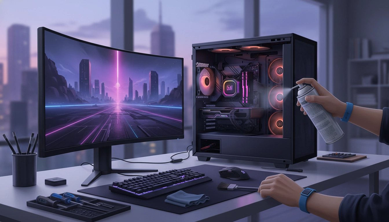 Technicien effectuant la maintenance d'un PC gaming, nettoyage des composants internes et gestion du câblage