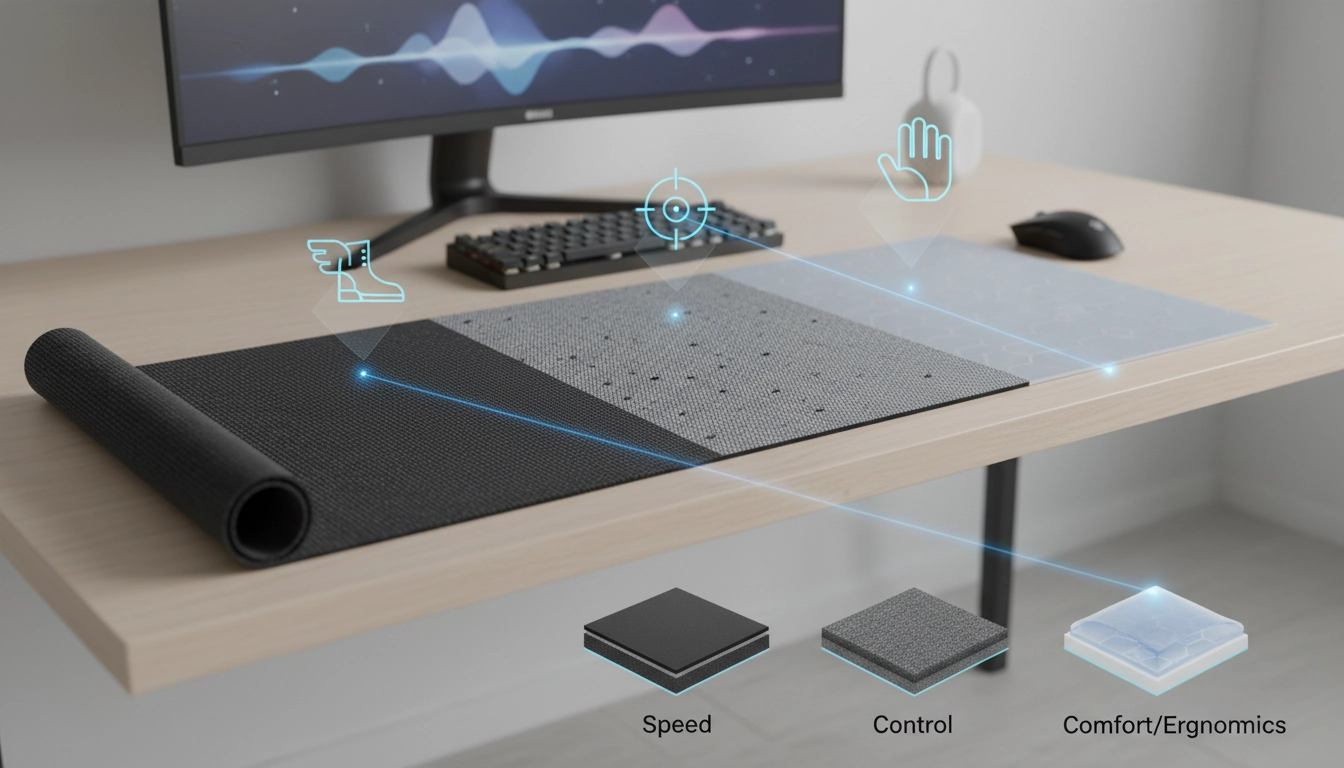 Différents matériaux tapis gaming côte à côte : tissu microfibre, aluminium et caoutchouc en gros plan