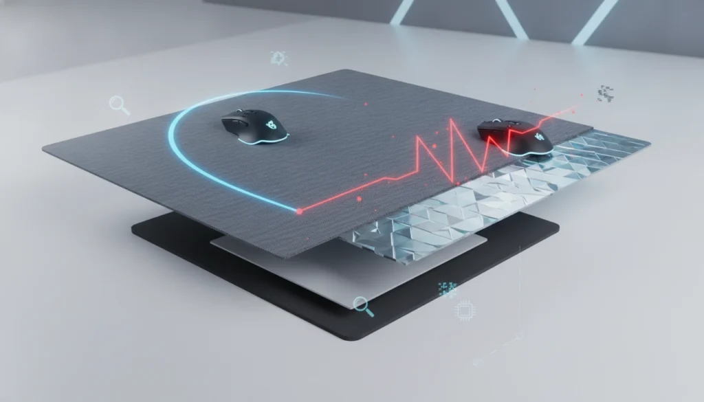 Un gamer testant les matériaux tapis gaming influence performance tracking souris sur un bureau professionnel.