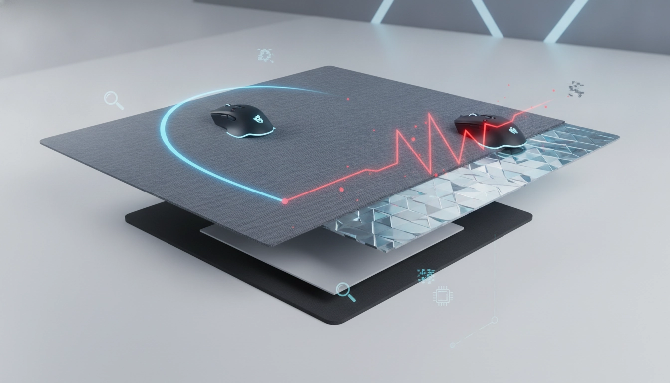 Un gamer testant les matériaux tapis gaming influence performance tracking souris sur un bureau professionnel.