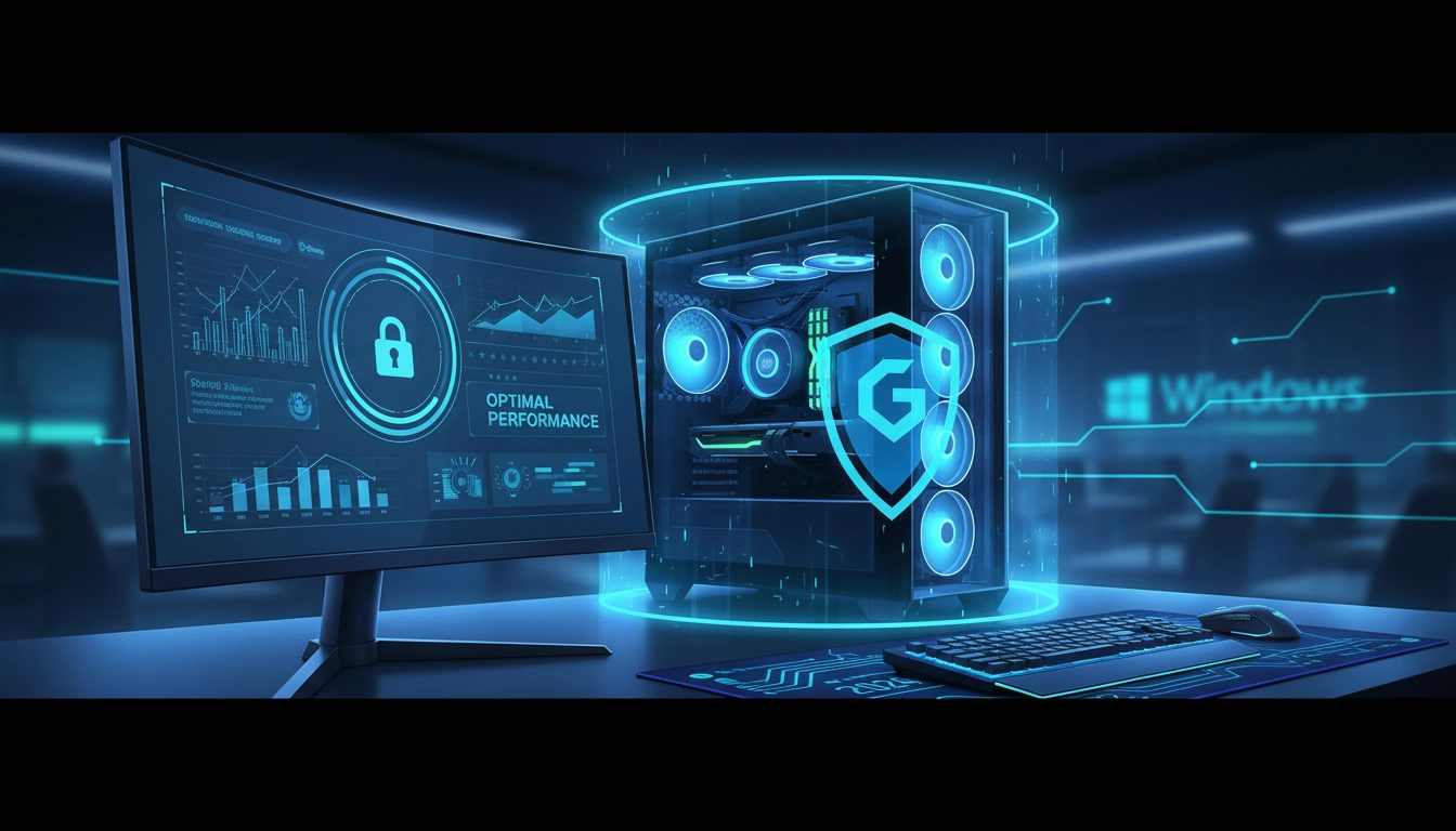Setup PC gamer affichant un tableau de bord de sécurité optimisé pour les performances