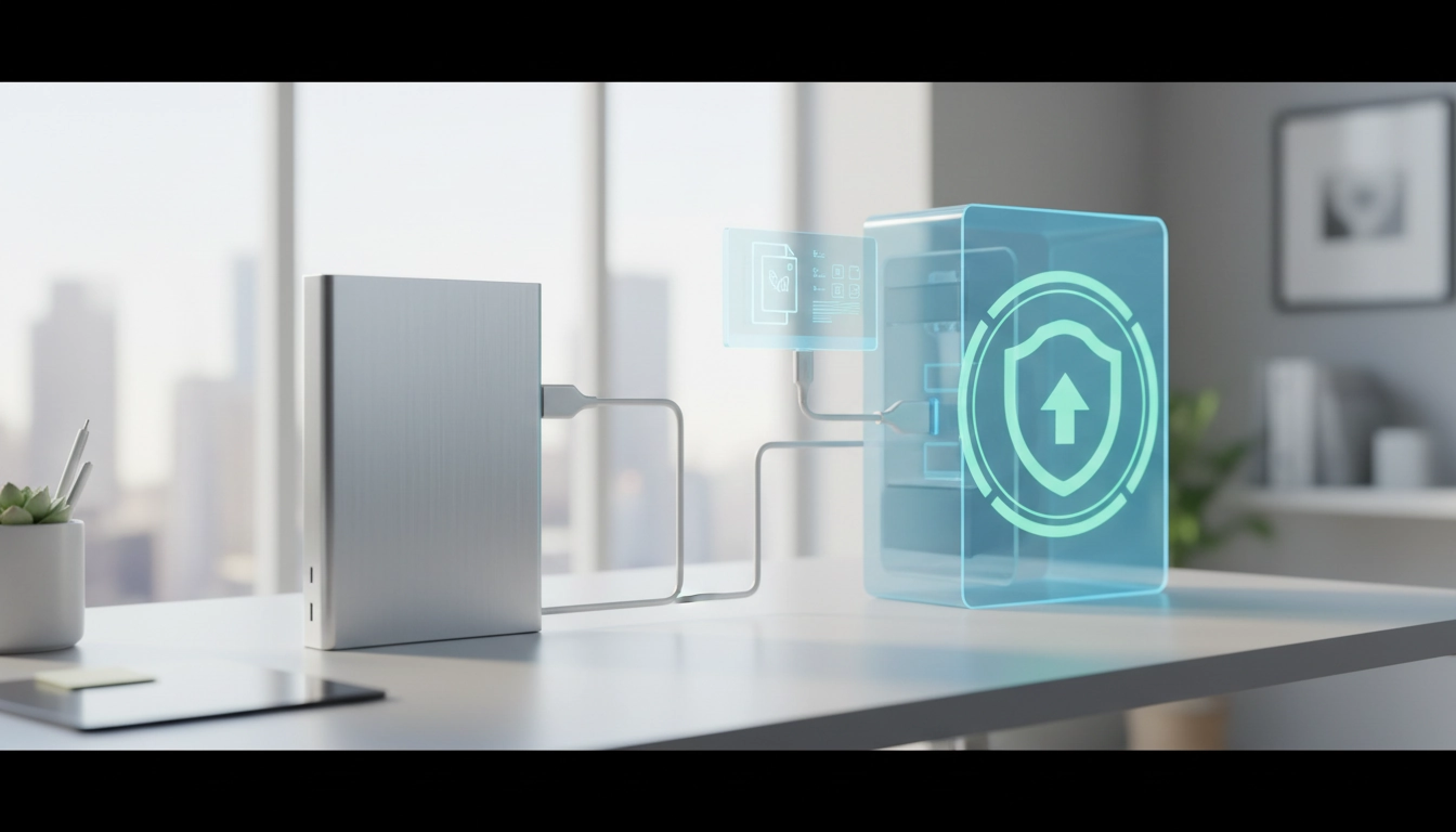 Meilleur disque dur externe pour sauvegarde PC posé sur un bureau avec câble USB connecté à un ordinateur portable