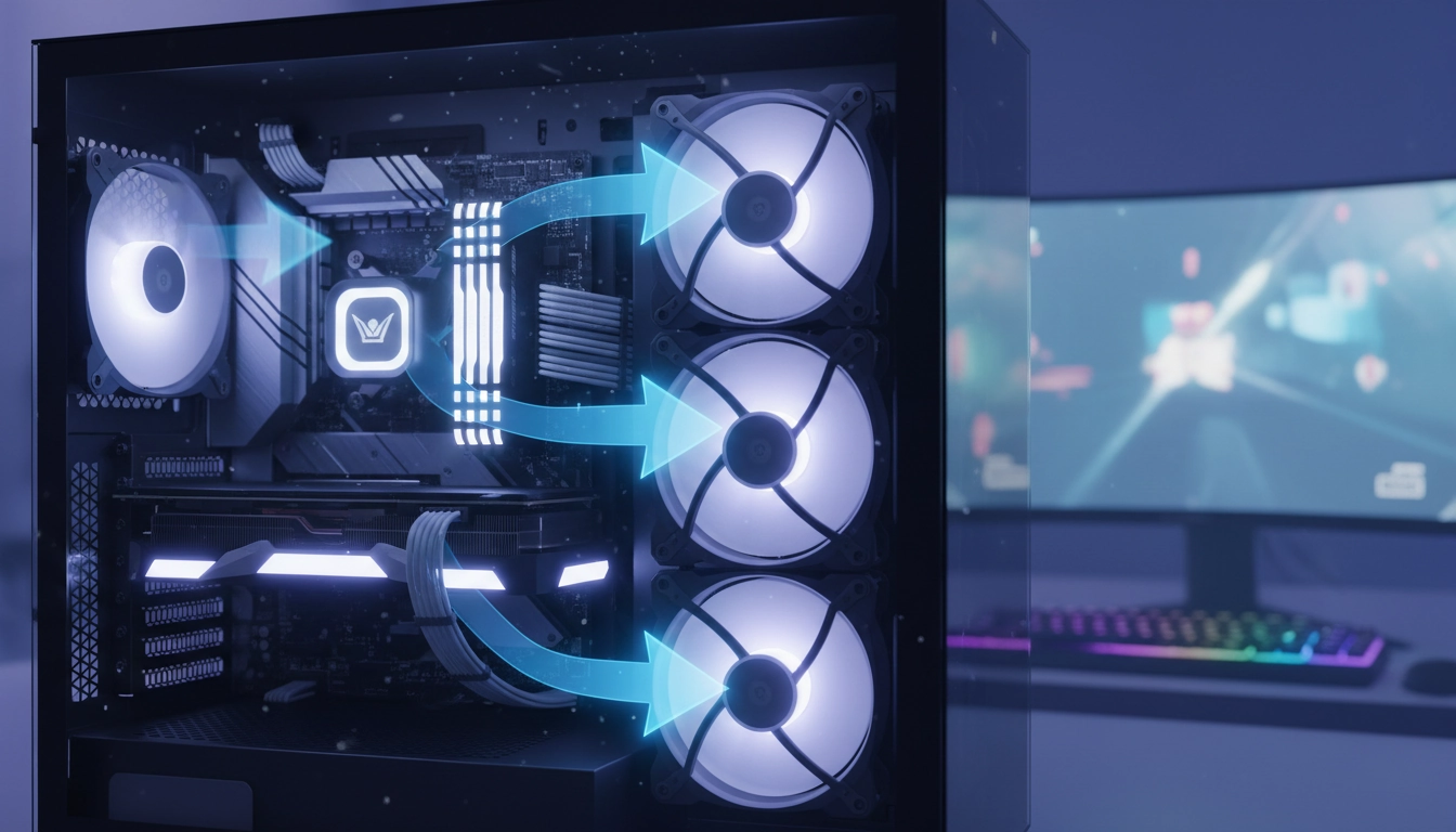 Vue interne d'un PC gamer illustrant le meilleur emplacement radiateur refroidissement liquide aio boîtier en façade.