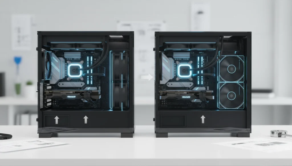 Schéma technique montrant le meilleur emplacement radiateur refroidissement liquide aio boîtier pour un flux d'air optimisé.