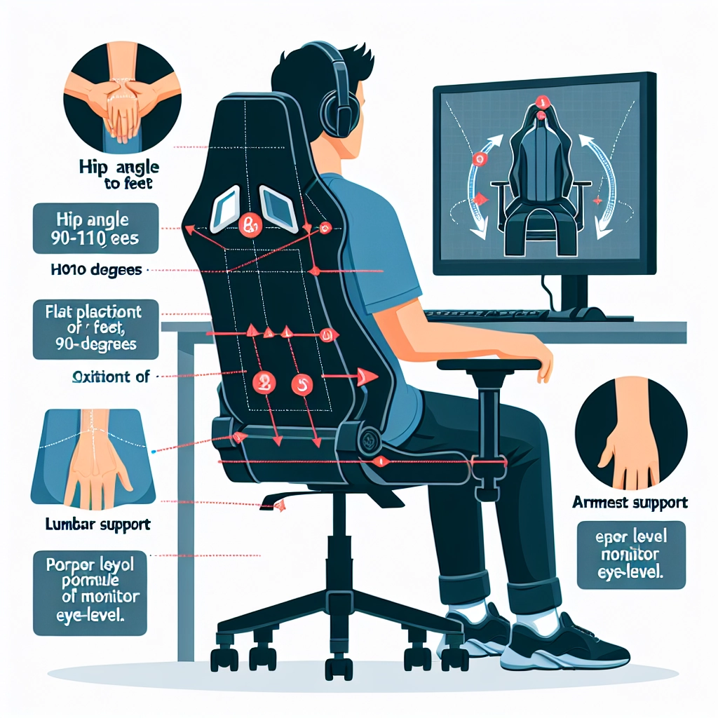 Schéma de posture idéale avec une chaise gaming ergonomique : lombaires, accoudoirs et écran bien alignés