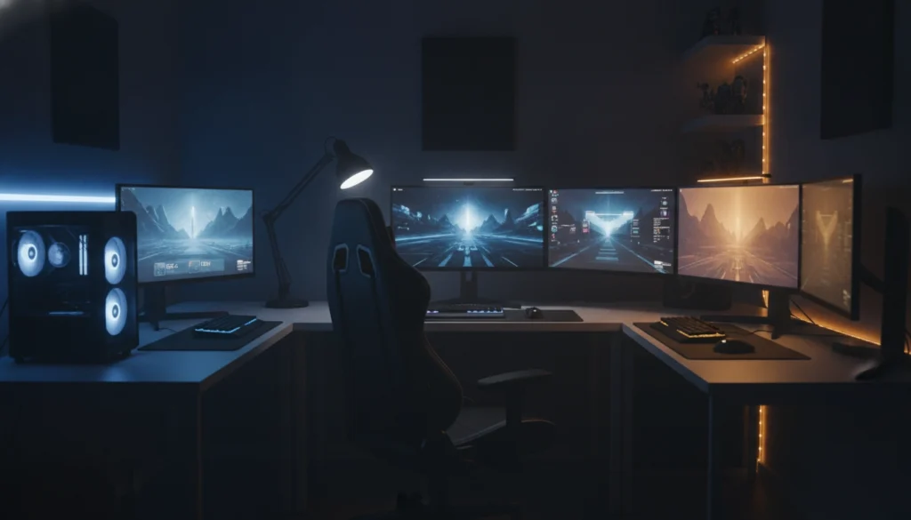 Un setup gaming moderne avec un éclairage LED diffusant la meilleure température couleur éclairage setup gaming pour un confort optimal.