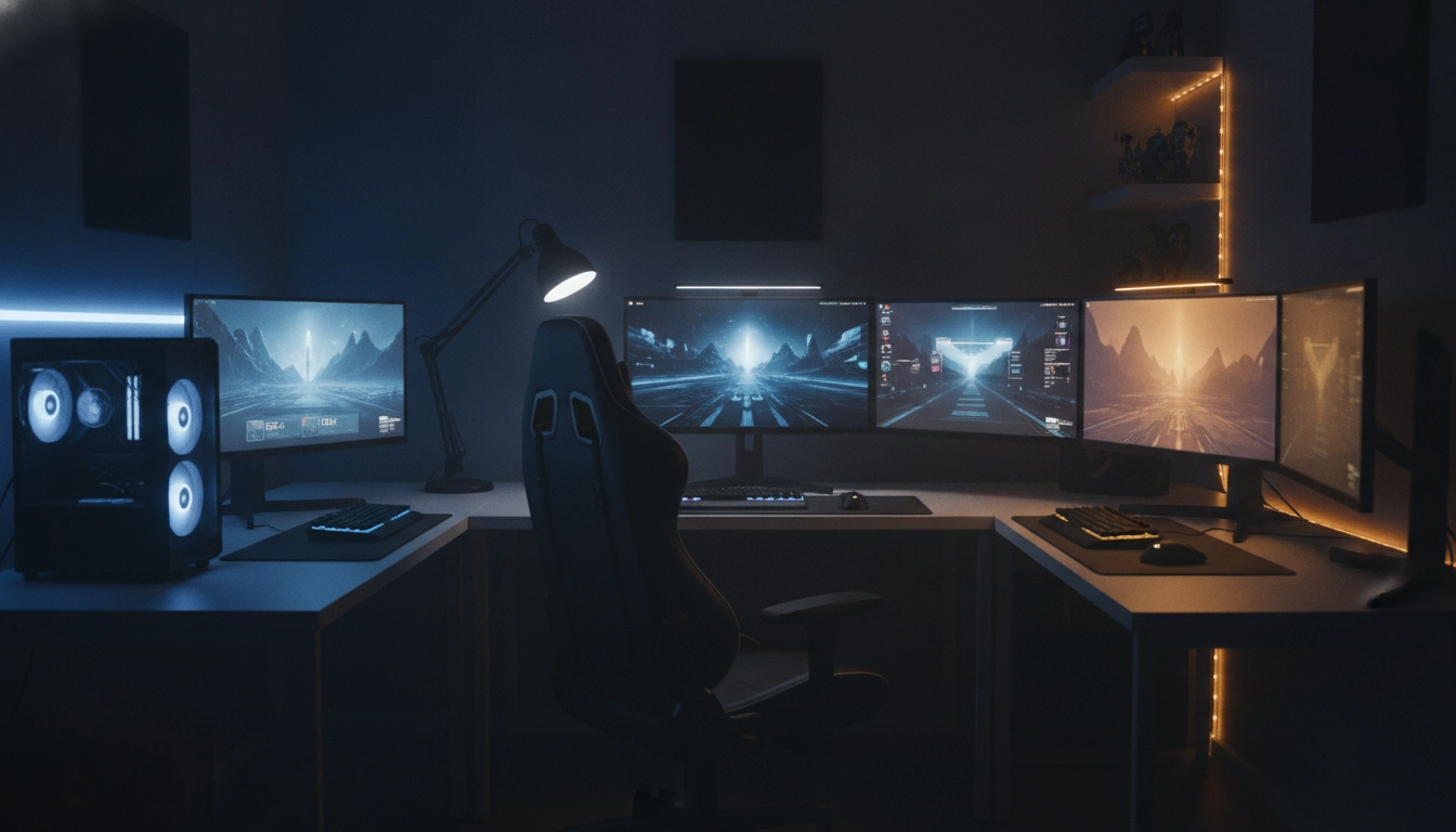 Un setup gaming moderne avec un éclairage LED diffusant la meilleure température couleur éclairage setup gaming pour un confort optimal.