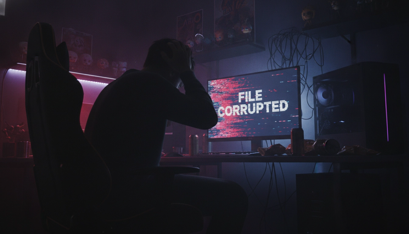 Joueur frustré face à une perte de fichiers illustrant l'importance des meilleures pratiques sauvegarde données pc gaming.