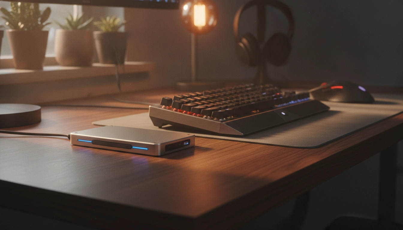 Disque dur externe ultra rapide posé sur un bureau de gamer pour sécuriser les fichiers locaux.