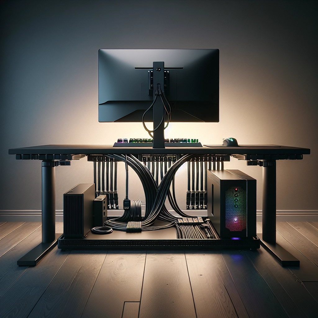 Organisation sous le bureau avec multiprise fixée et faisceaux séparés pour les meilleures techniques gestion câbles setup gaming