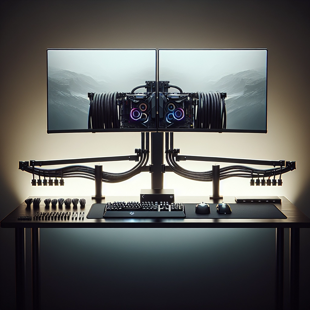 Câbles d’écrans guidés le long de bras articulés pour un setup gaming net et professionnel