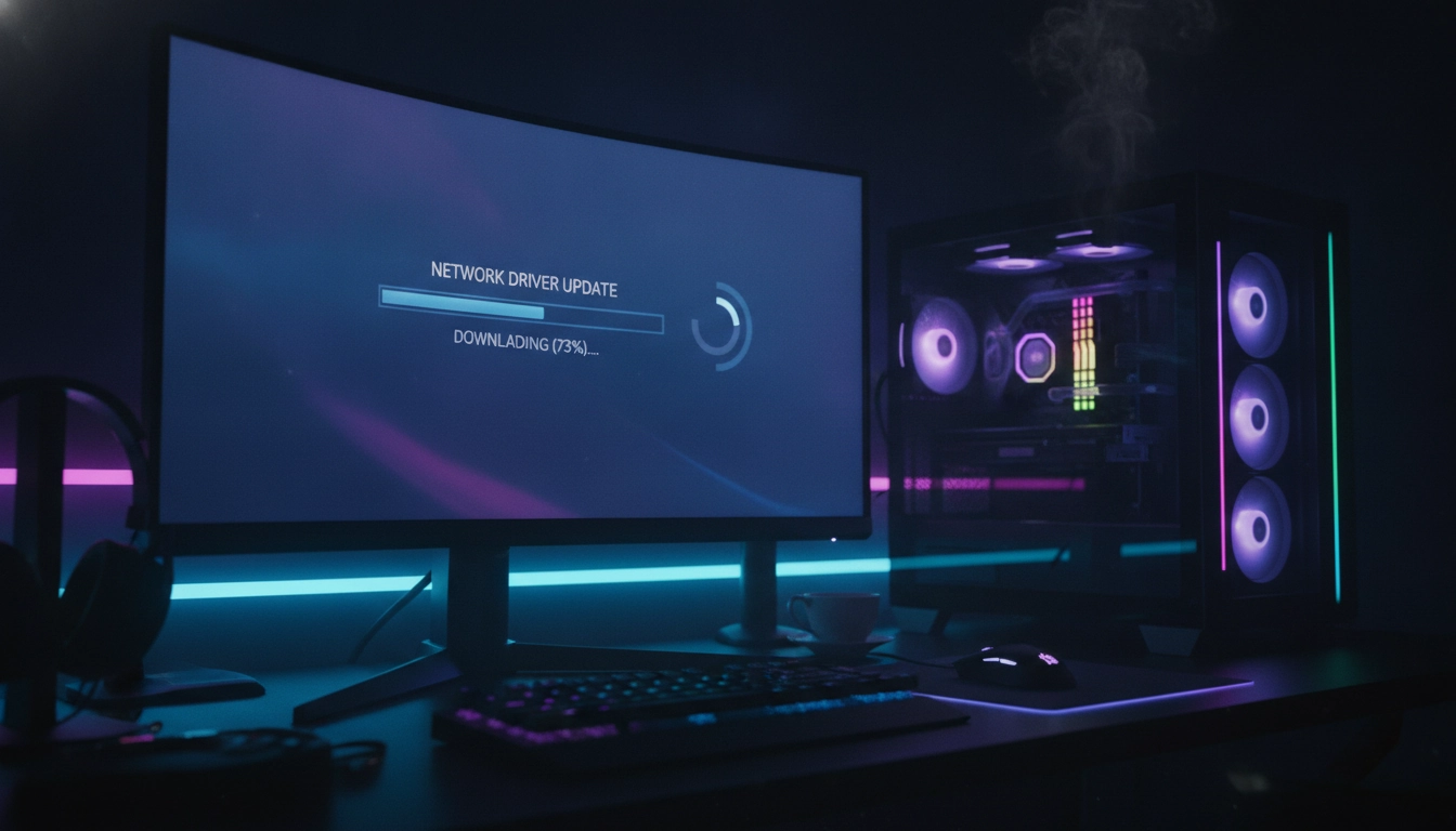 Écran d'ordinateur affichant une barre de progression pour mettre à jour pilotes réseau gaming.