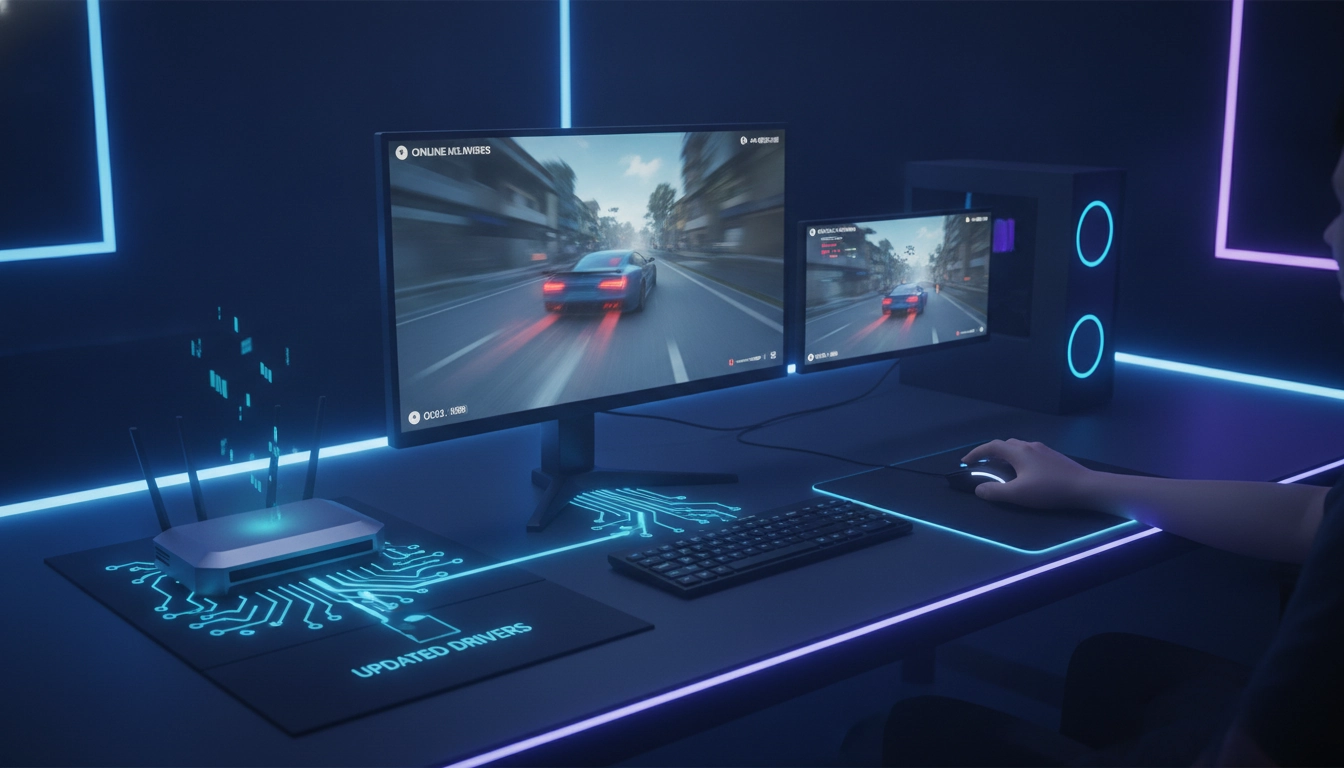 Joueur PC en train de mettre à jour pilotes réseau gaming pour améliorer son ping