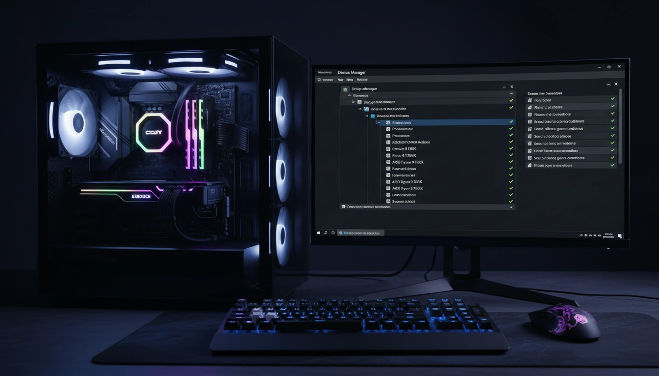 Interface Windows montrant une mise à jour pilotes réussie sur un PC gaming avec composants RGB
