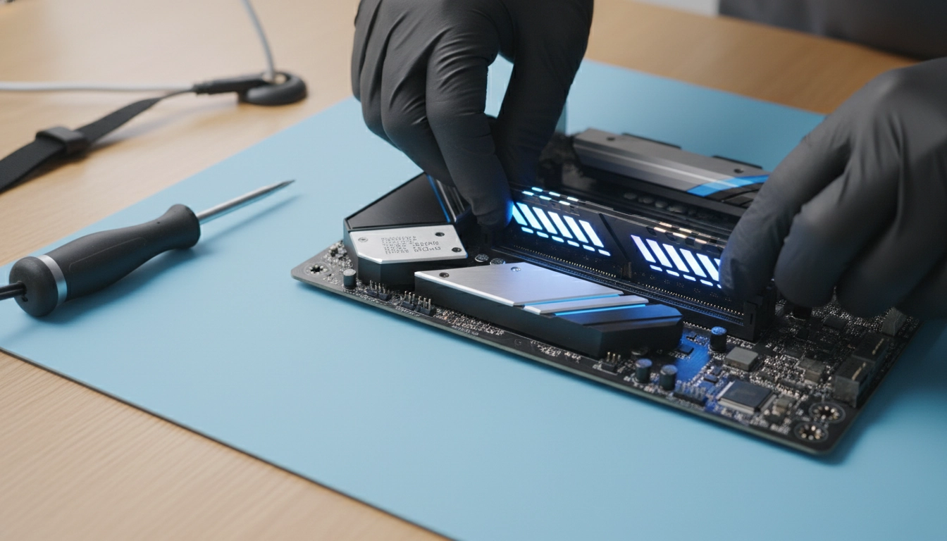 Installation d'une barrette RAM DDR5 sur une carte mère gaming lors du montage carte graphique RAM