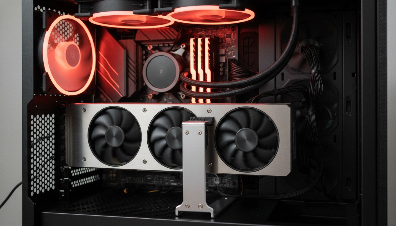 Carte graphique lourde installée avec support anti-affaissement dans un boîtier PC gaming tour