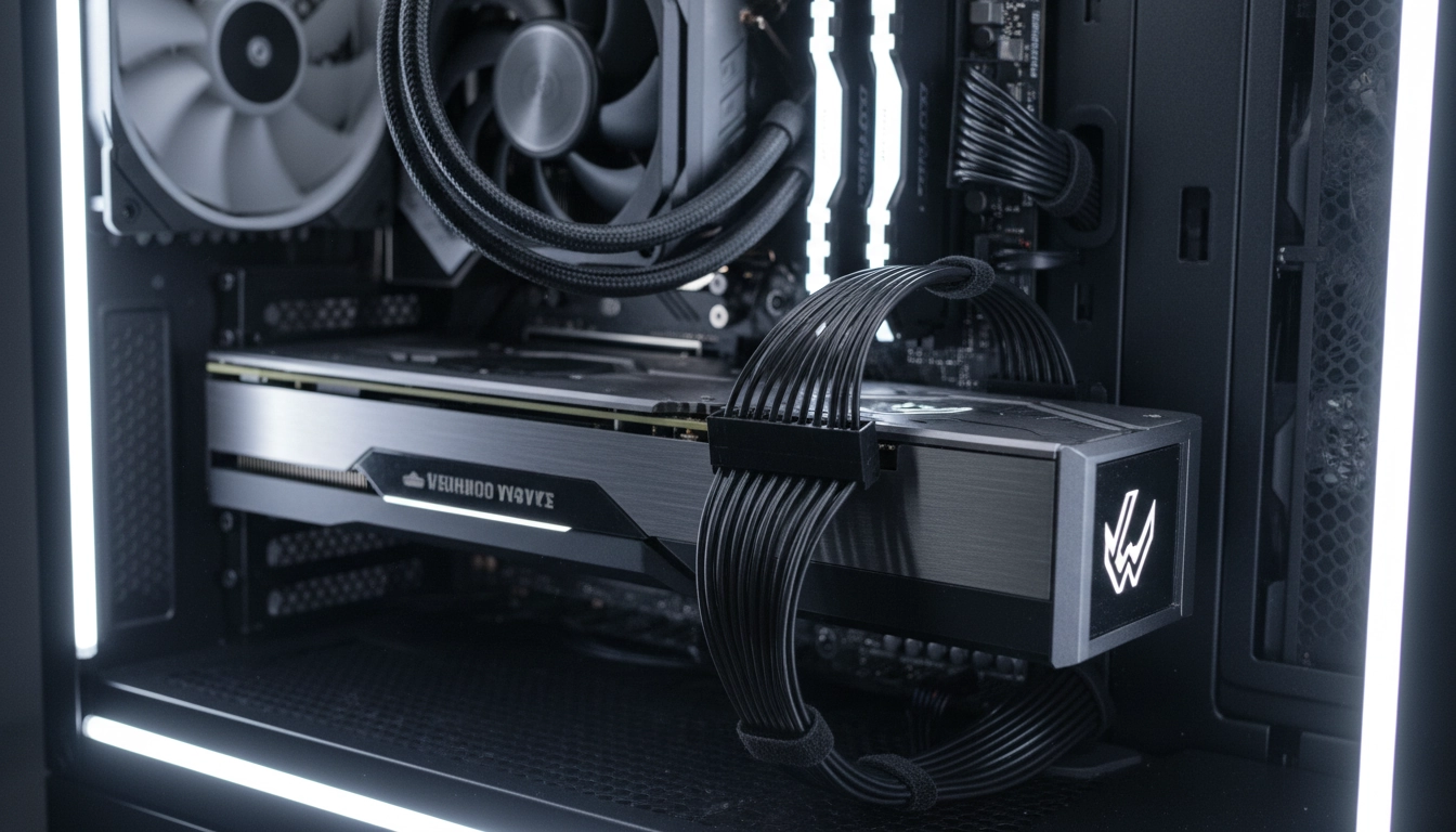 Branchement du connecteur d'alimentation 16 broches sur une carte graphique lors du montage PC gaming