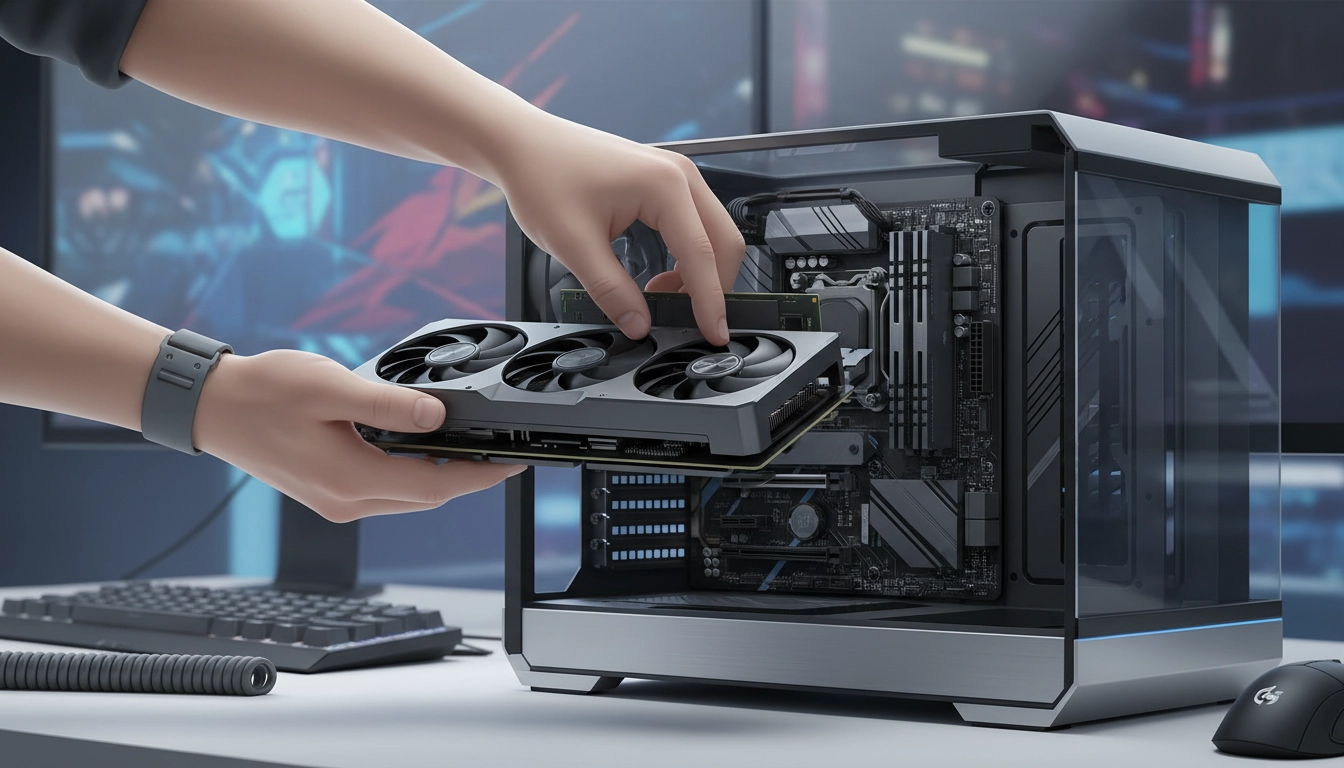 Montage carte graphique RAM dans un PC gaming : installation des composants dans un boîtier ATX avec éclairage RGB