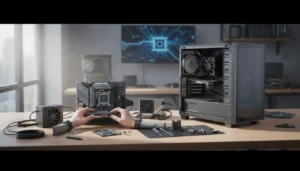 Atelier de montage et assemblage PC avec carte mère, GPU et outils