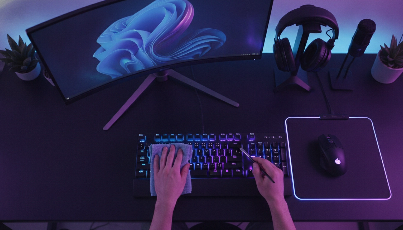 Une personne effectuant le nettoyage entretien accessoires gaming sur un clavier mécanique illuminé.