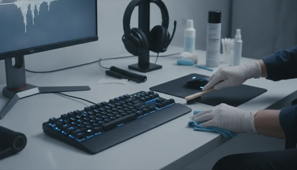 Nettoyage entretien accessoires gaming avec un chiffon microfibre et une brosse douce