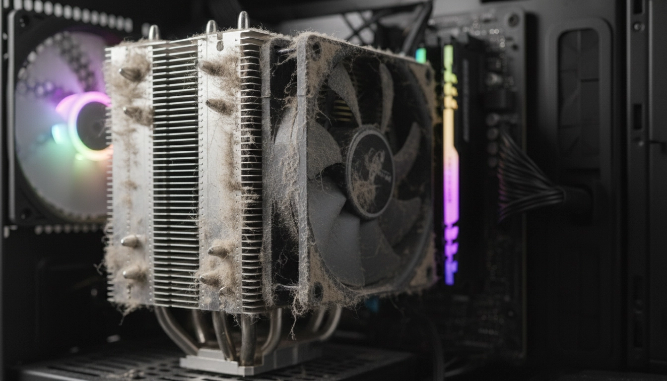 Accumulation de poussière sur un ventirad CPU avant nettoyage physique PC gaming