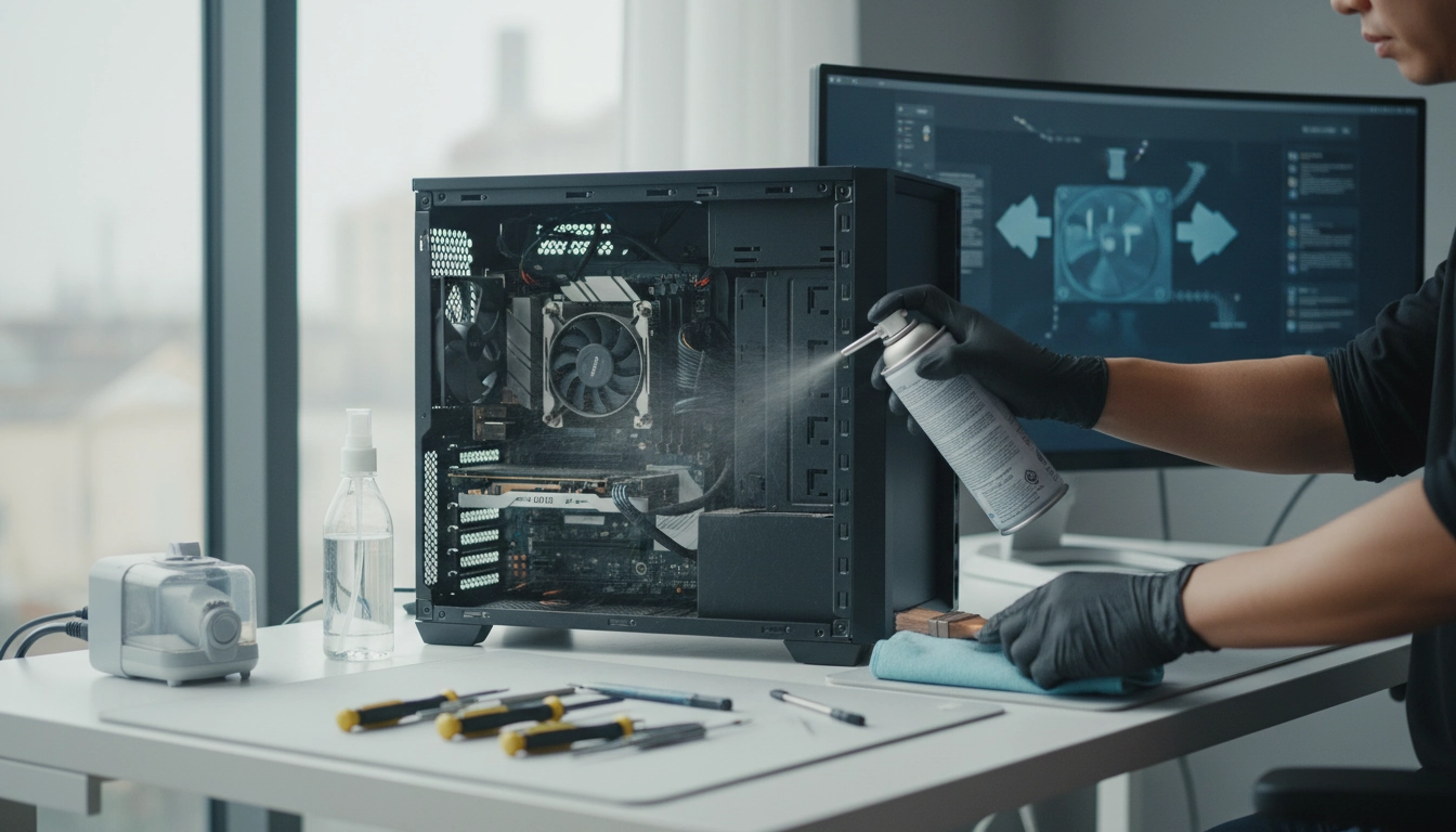 Nettoyage physique PC gaming avec bombe d'air comprimé et pinceau antistatique sur les composants internes
